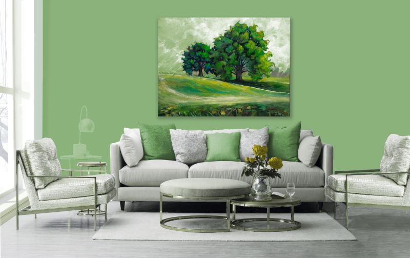 Gray floor and furniture, green walls