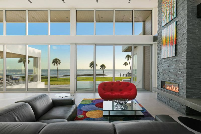 Red and black furniture with gray floor