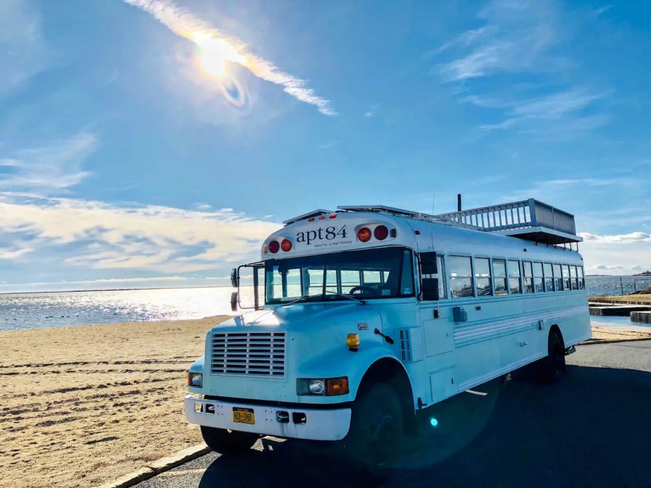 Apt84 is School bus Transformed into Tiny house on Wheels hosts Tours, Events and Weddings