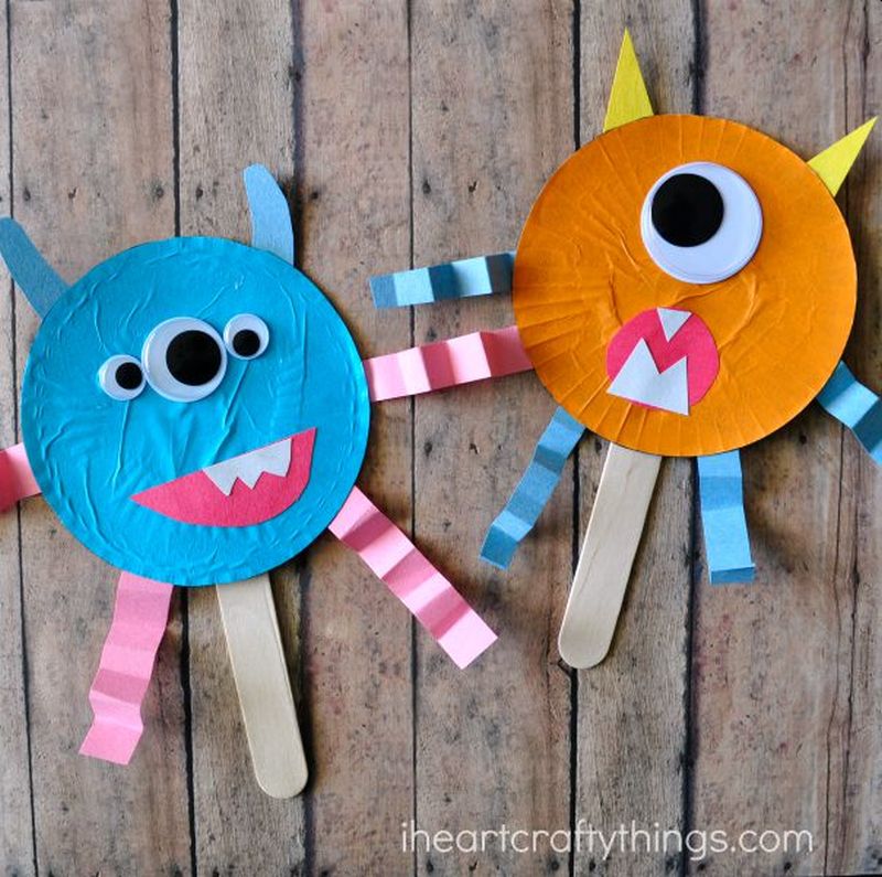 Cupcake liner monster stick puppets