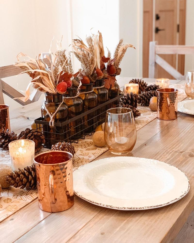 Thanksgiving Tablescape with corn husks and wheat spikes 