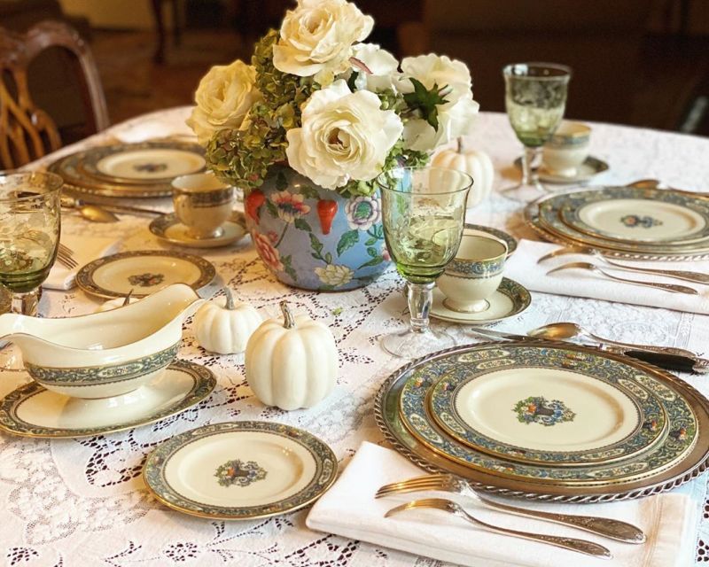 patterned crockery on thanksgiving table 