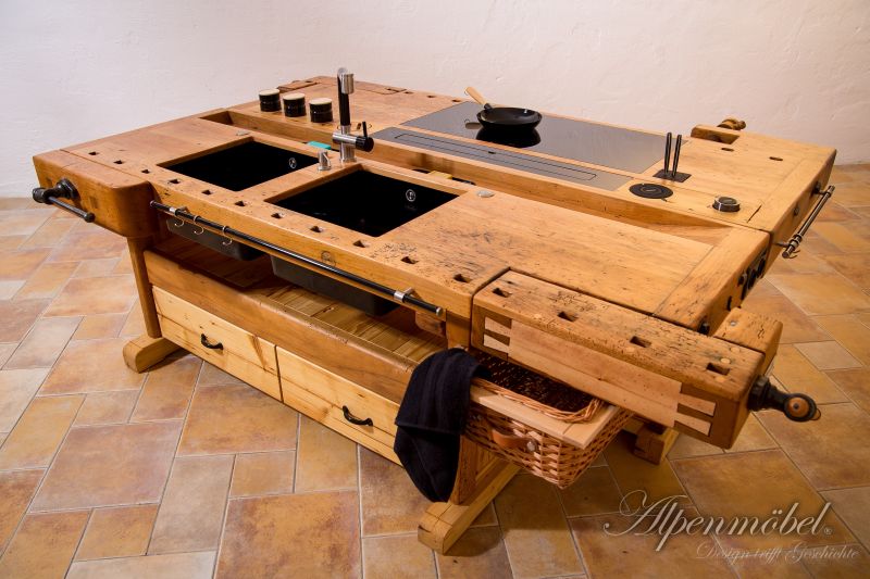 This one-of-a-kind Kitchen Island is Crafted from a Carpentry Workbench 