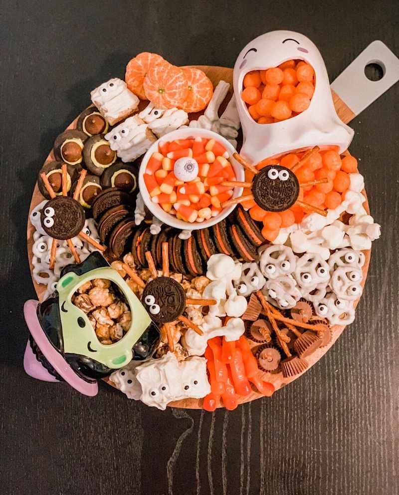 Halloween Grazing Boards with snacks and cookies 