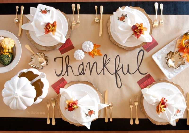 Thanksgiving table runner with a roll of butcher paper and craft paint 