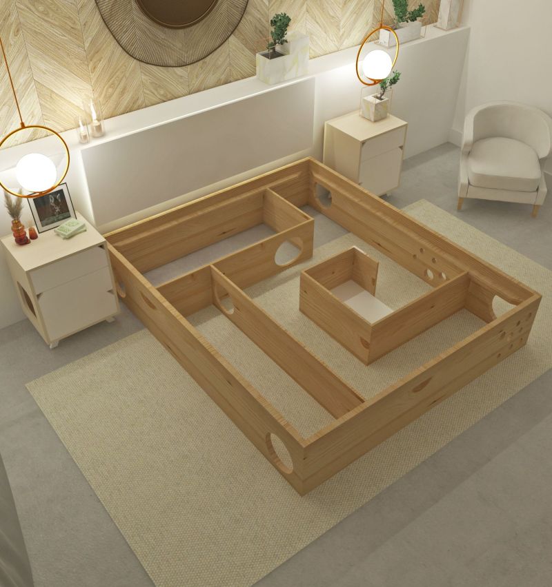 This Wooden Bed Frame has a Labyrinth Inside for Cats 