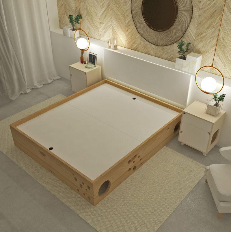 This Wooden Bed Frame has a Labyrinth Inside for Cats 