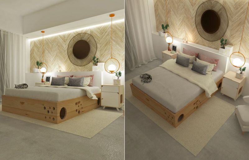 This Wooden Bed Frame has a Labyrinth Inside for Cats 