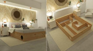 This Wooden Bed Frame has a Labyrinth Inside for Cats