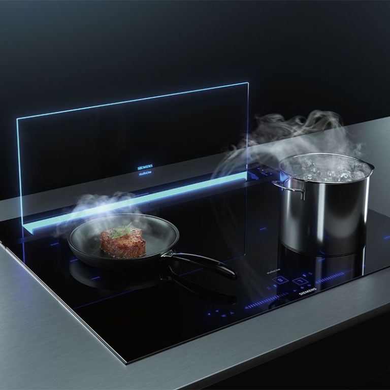 SIEMENS glassdraftAir Downdraft Range Hood is Ideal for Open Kitchens