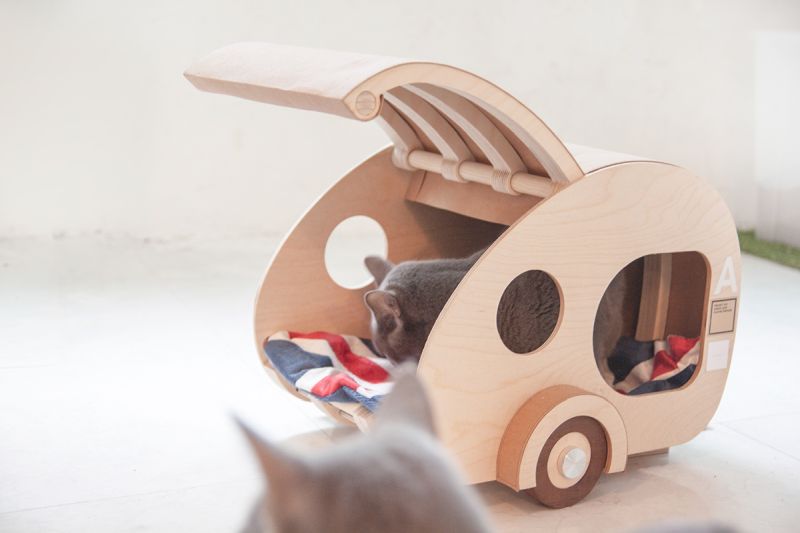 Korea Designer Creates Wooden Cat house in Shape of Teardrop Trailer