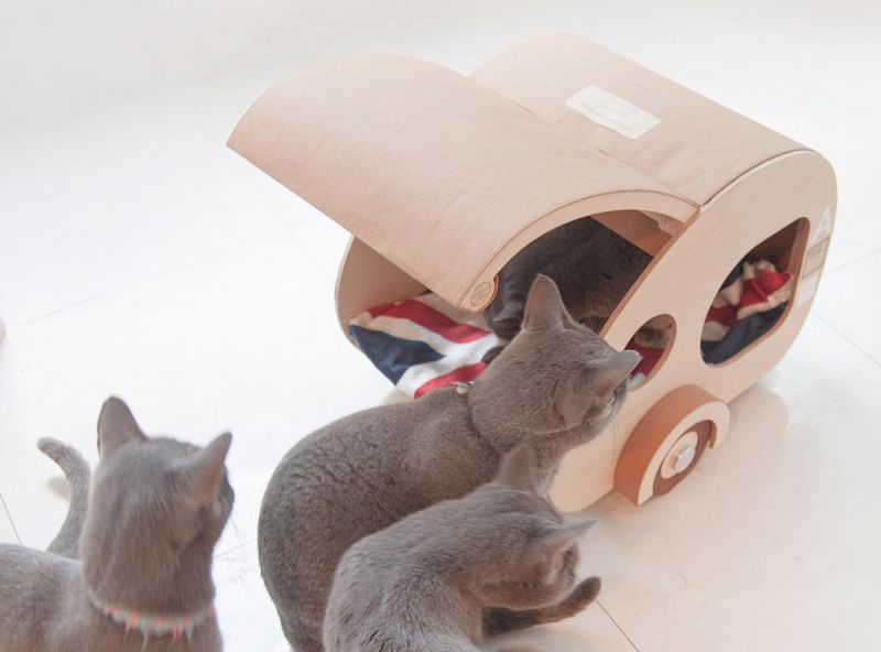 Korea Designer Creates Wooden Cat house in Shape of Teardrop Trailer