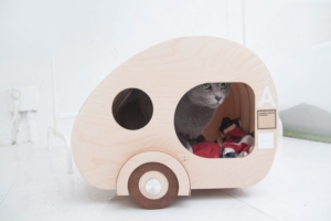 Korea Designer Creates Wooden Cat house in Shape of Teardrop Trailer