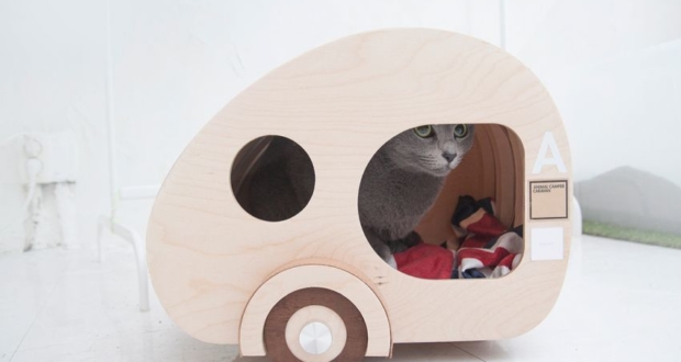 Korea Designer Creates Wooden Cat house in Shape of Teardrop Trailer