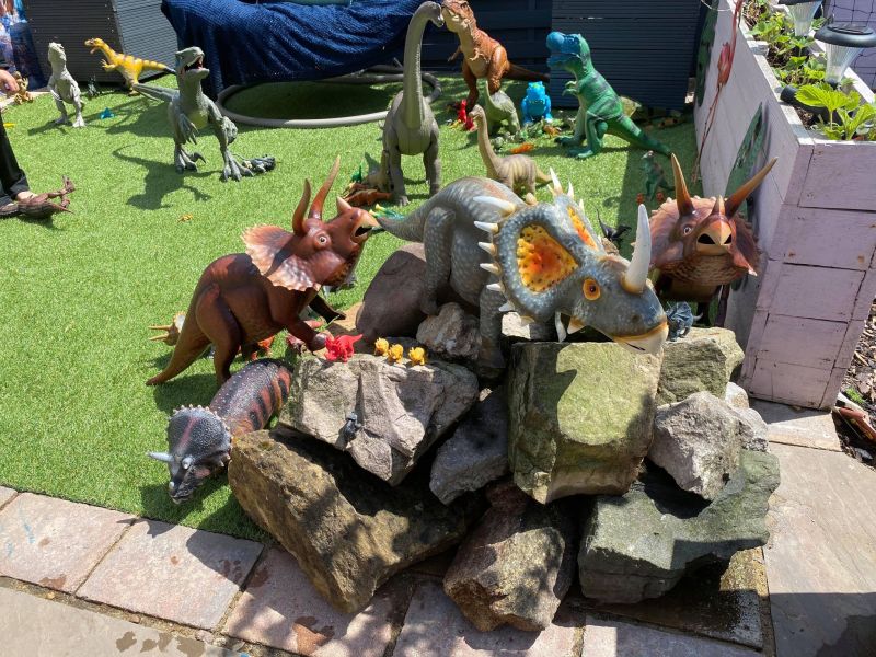 Mom Builds Impressive Dinoland for Her Son in Garden