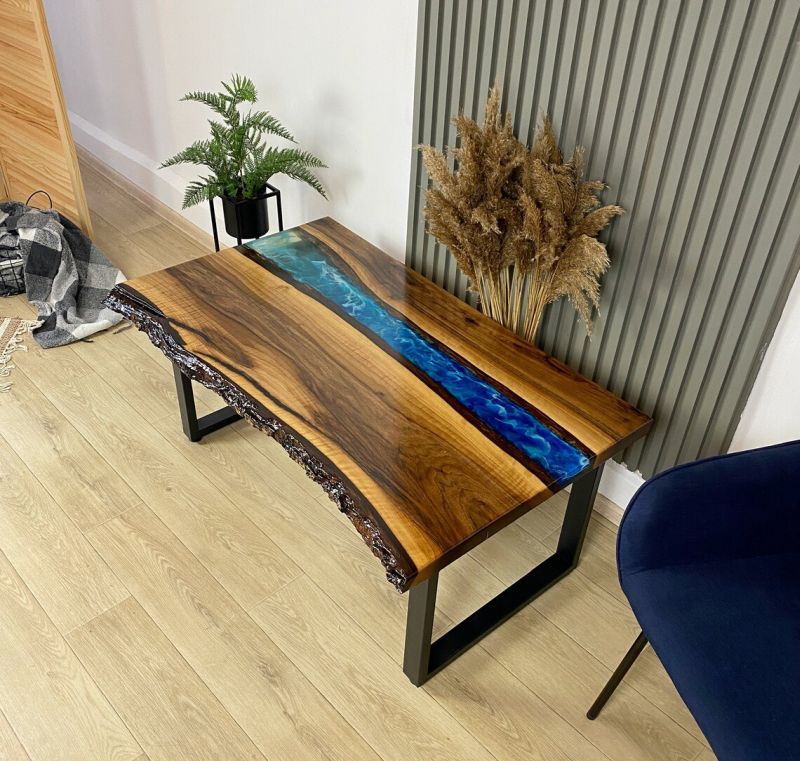 Epoxy resin river dining table with bench, walnut wood, turquoise resin,  glowing resin, modern style - Fine Wooden Creations