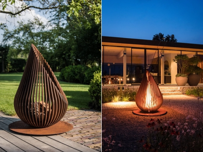 Dewdrop fire pit by Glowbus is made of Corten Steel