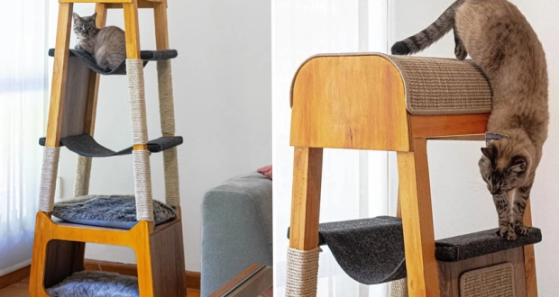 SIO Cat Tree by Sebastian Medrano has Two Hammocks, Multiple Scratching Pads