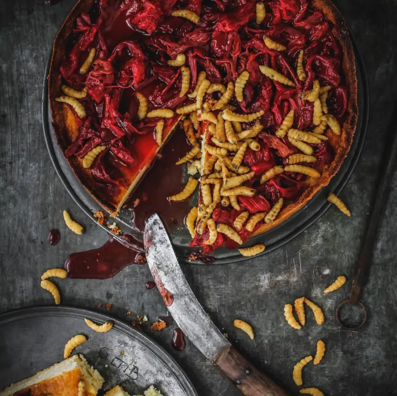 Rhubarb pie with marzipan maggots 