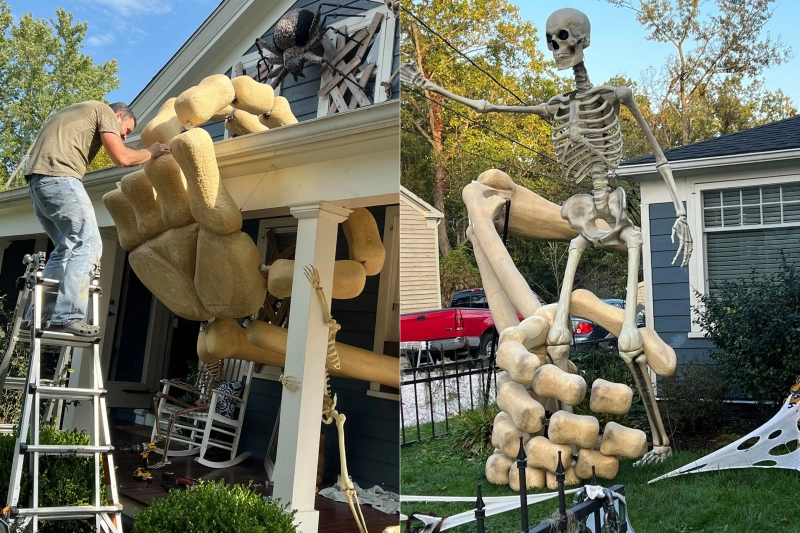 Artist Builds Gigantic Skull Arms Breaking Out of His Home for Halloween