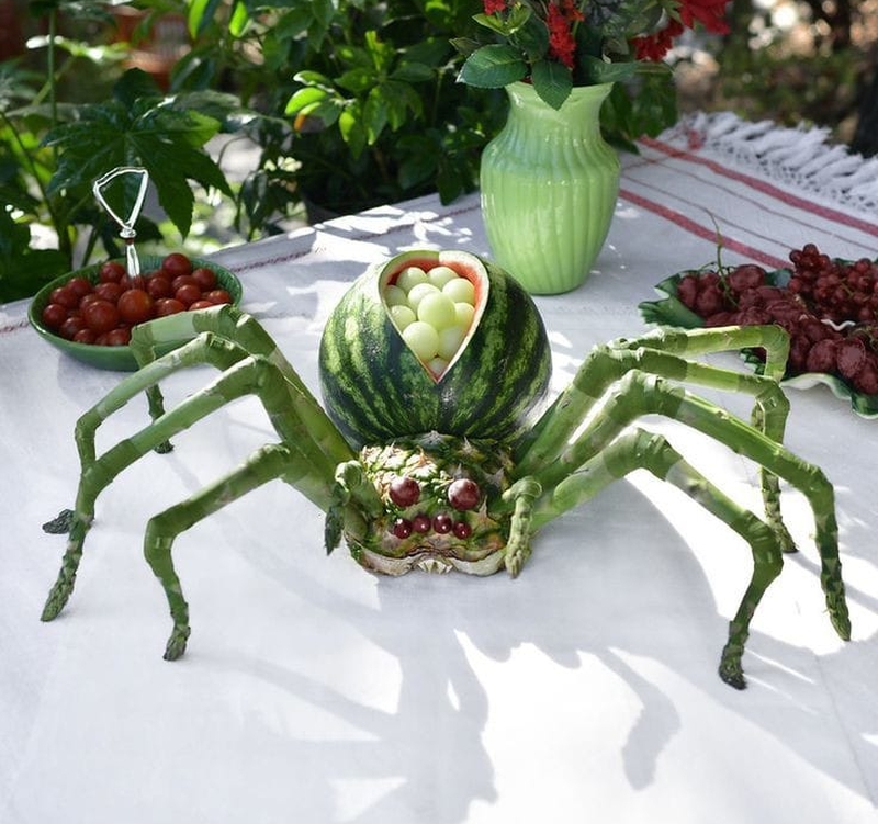 Arachnid Fruit Salad Watermelon Carving for Halloween