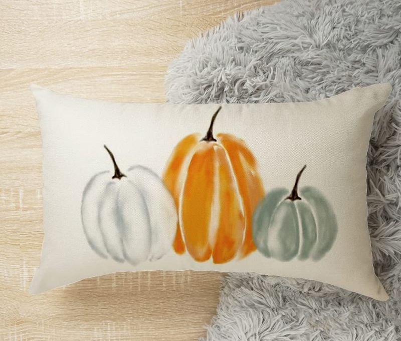 linen fabric pillow with watercolor pumpkin print