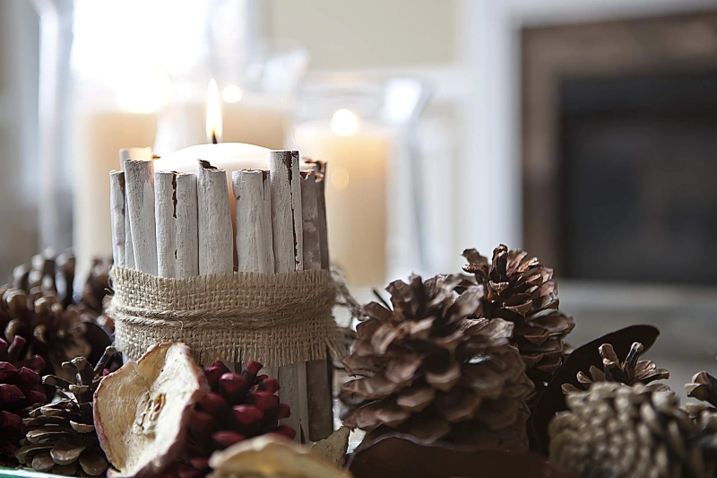 Christmas Candle Centerpiece Using Cinnamon Sticks, dried apples and pine cones 