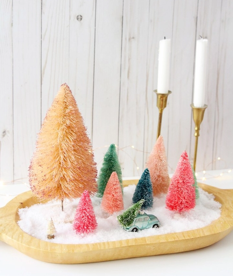 Christmas Centerpiece with Candles and Mini Bottle Brush Trees