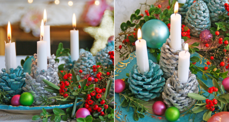 Sparkly Pine Cone Christmas Candle Holders