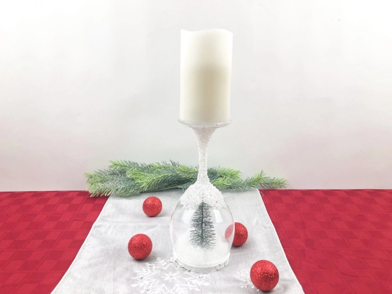 Wine Glass Candle Centerpiece with Christmas Tree 