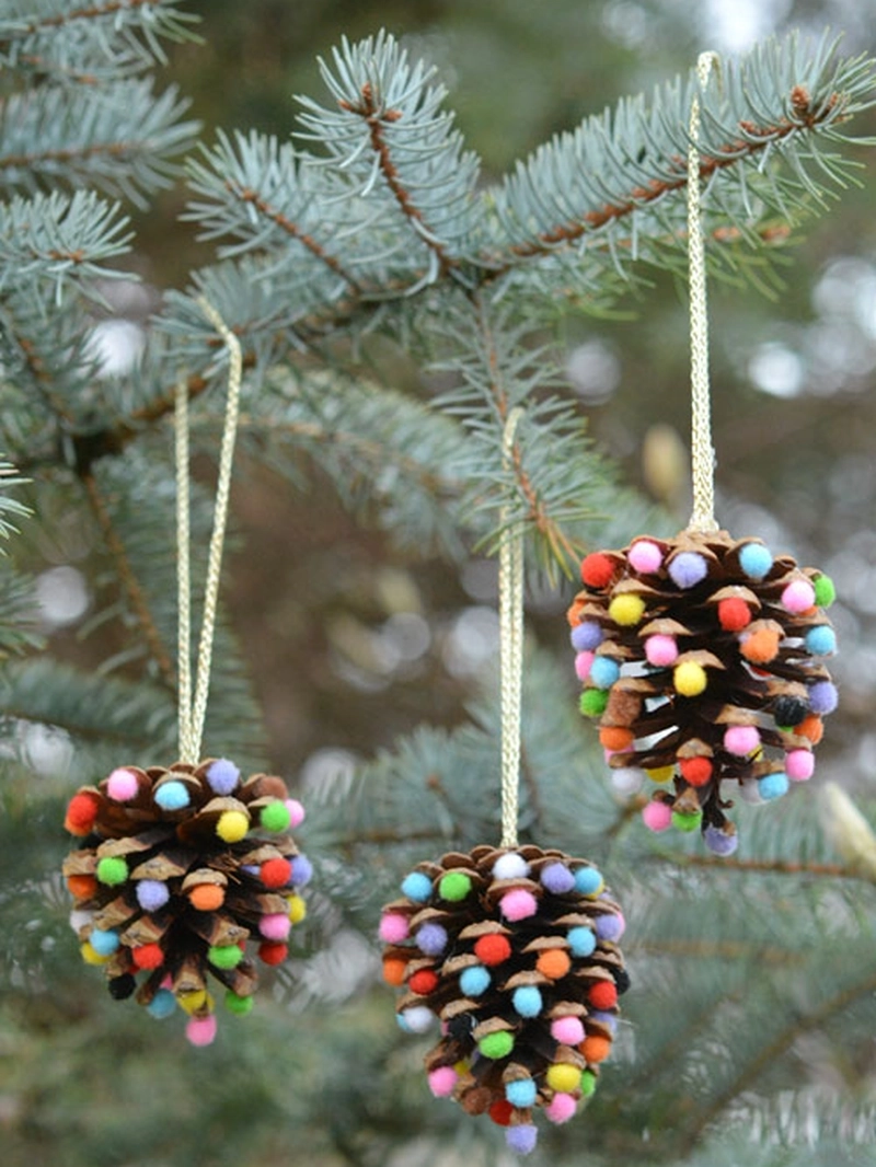 Pom poms and pine cones Christmas ornaments