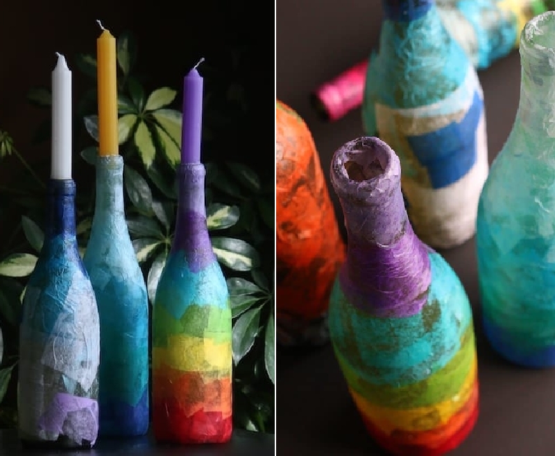 Tissue Paper Decoupage Candle Holder made from recycled wine bottles 