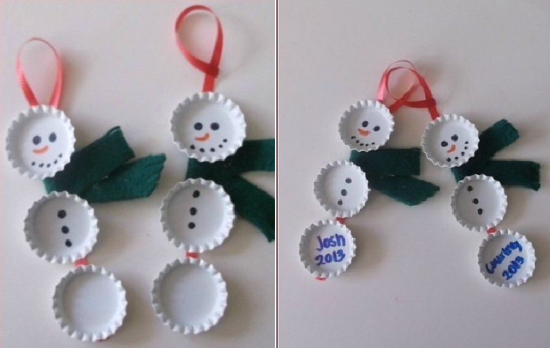 Snowman Ornament made with bottle caps