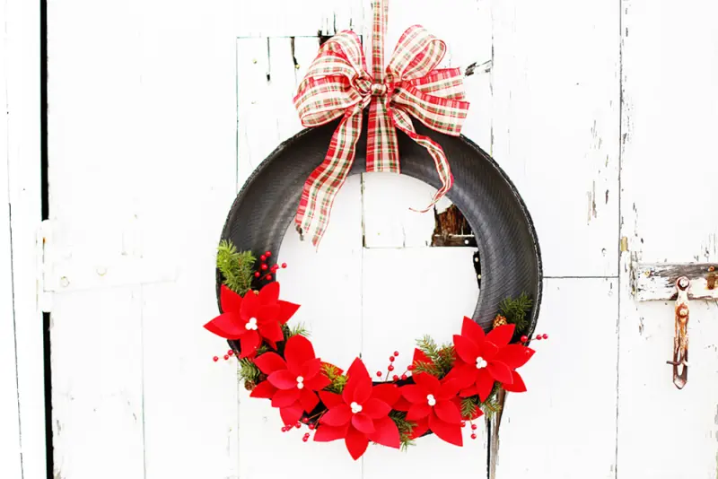 Red Poinsettia with Tire Wreath