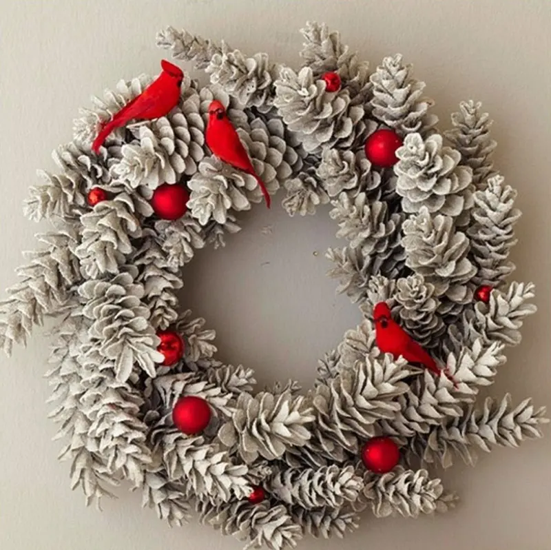 Pinecone Wreath with red cardinal birds 