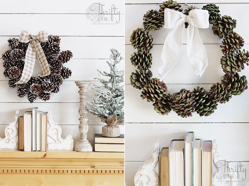 painted tips of pine cones into Christmas wreath  