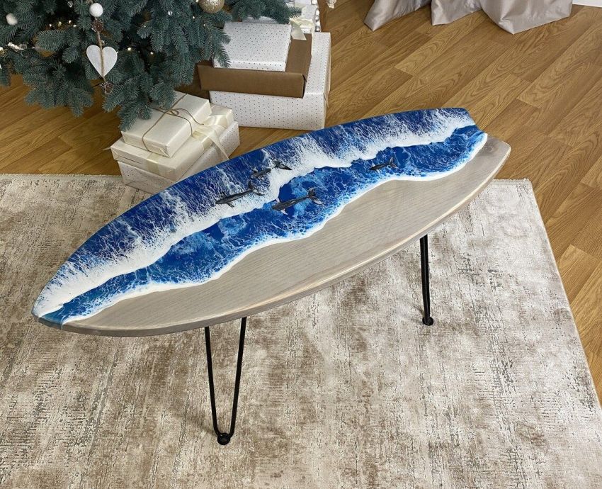 This Surfboard-Shaped River Coffee Table Glows in Dark