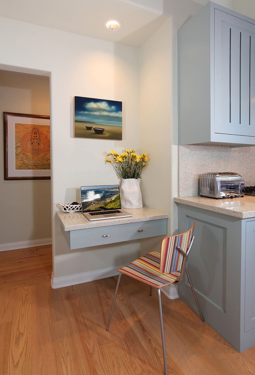 Add an ergonomic desk to the kitchen corner for a comfortable home workstation