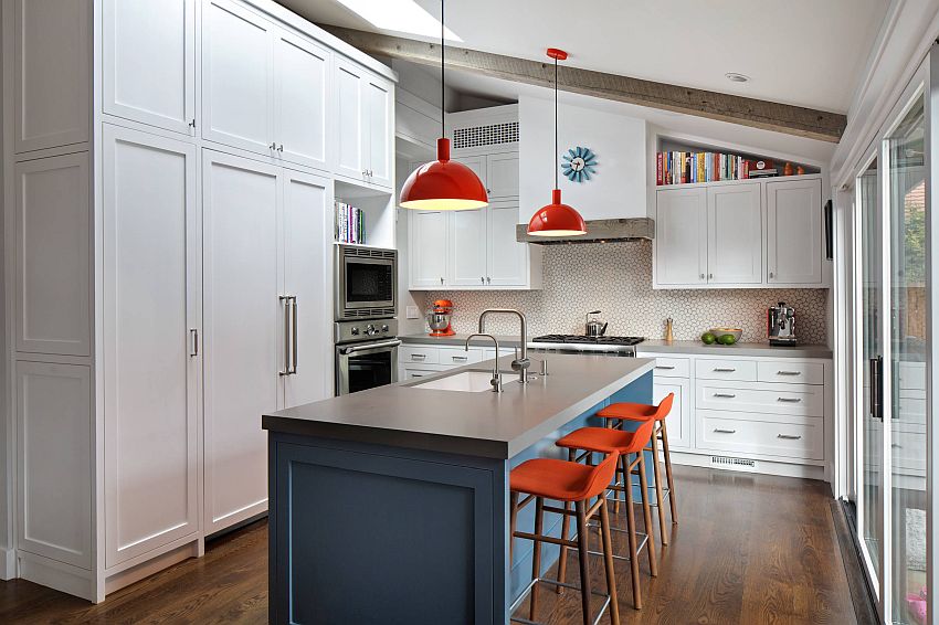 Neutral modern kitchen with blue island