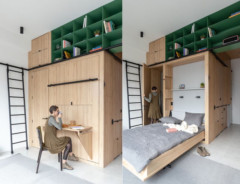 This Apartment in Quito Conceals Kitchen, Bedroom, Bathroom and Storage Inside Custom Cabinets