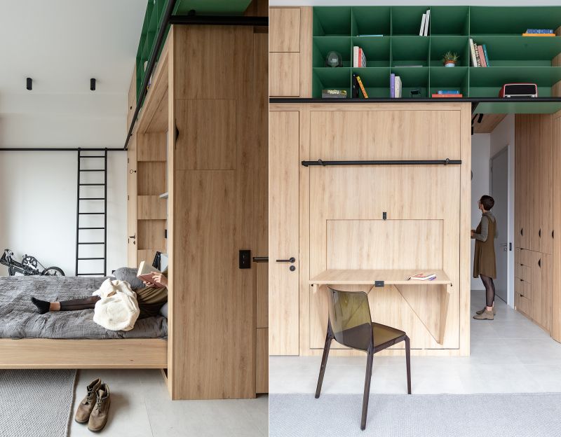 This Apartment in Quito Conceals Kitchen, Bedroom, Bathroom and Storage Inside Custom Cabinets