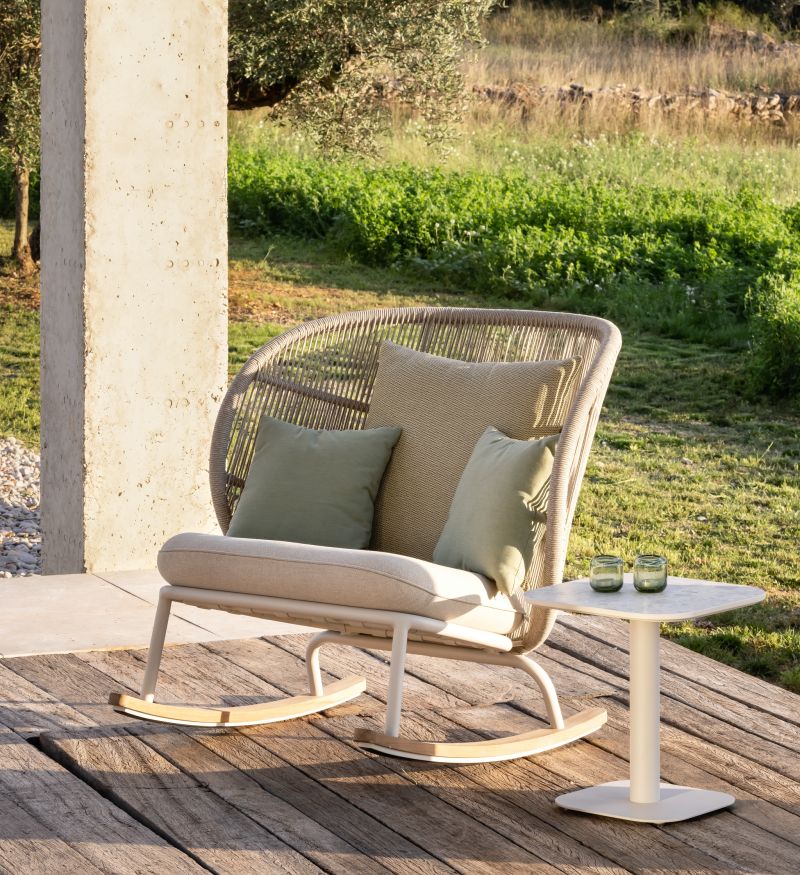 Kodo Rocking Chair Features Large Back Made of Acrylic Rope