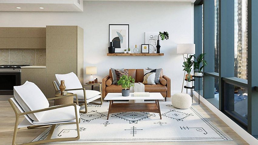 Modern living room with Japandi style overtones in white and blue