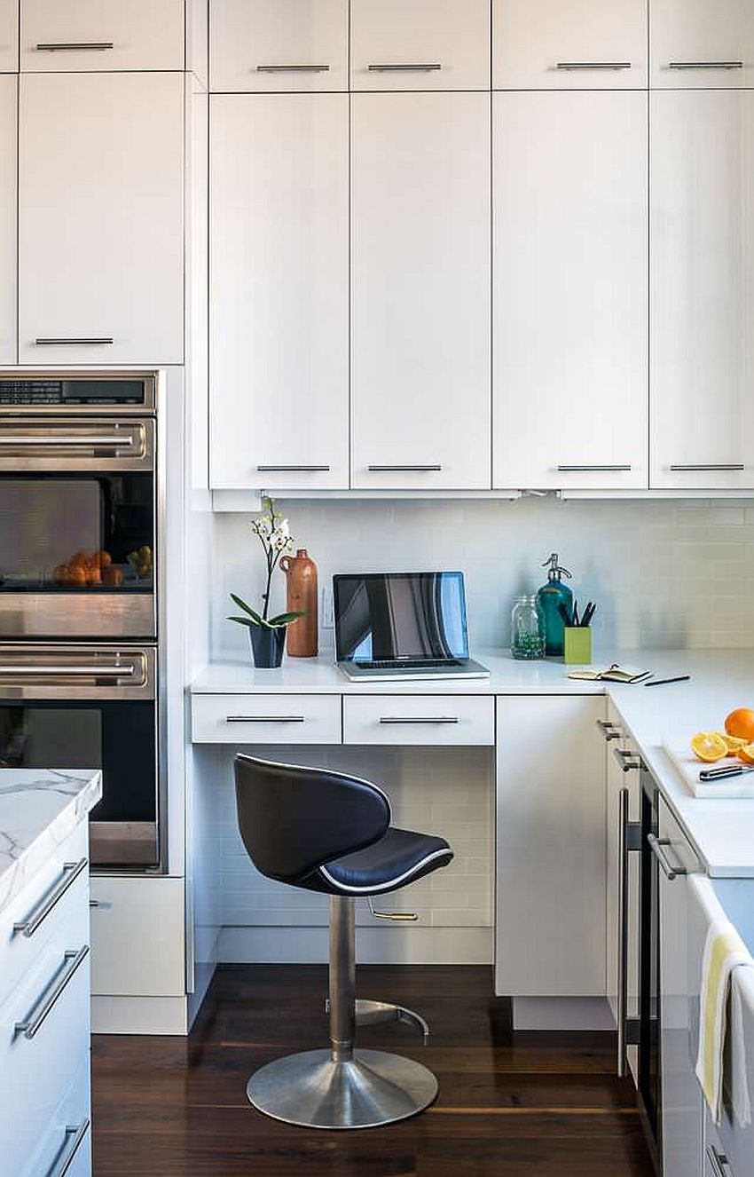 Utilize the corner space in the kitchen as a functional modern home office 