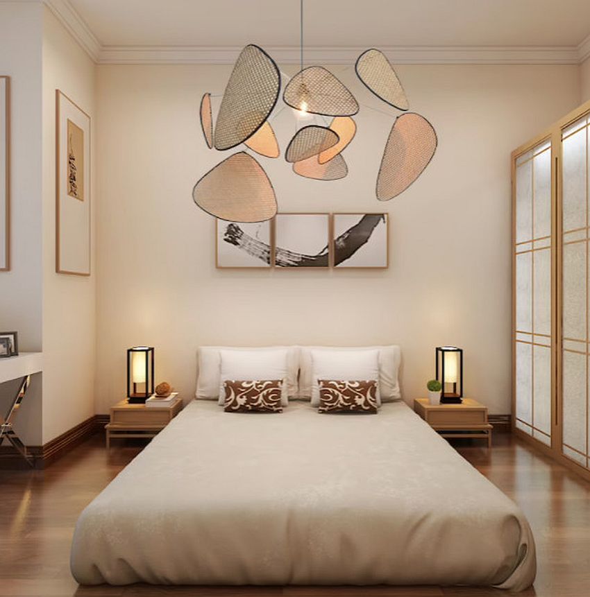 Warm lighting and cozy finishes for the Japandi style bedroom – Image: Eric Miller Interiors