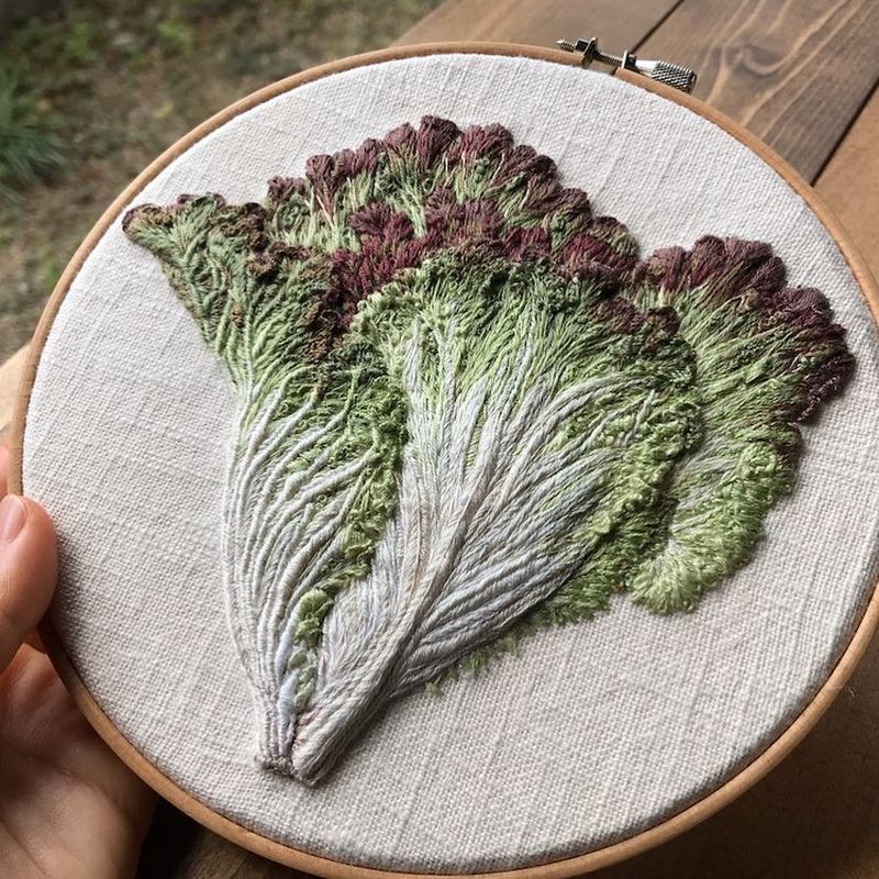 Embroidered vegetable art by Konekono Kitsune