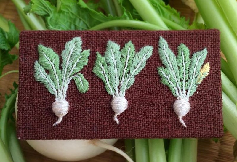 Embroidered vegetable art by Konekono Kitsune