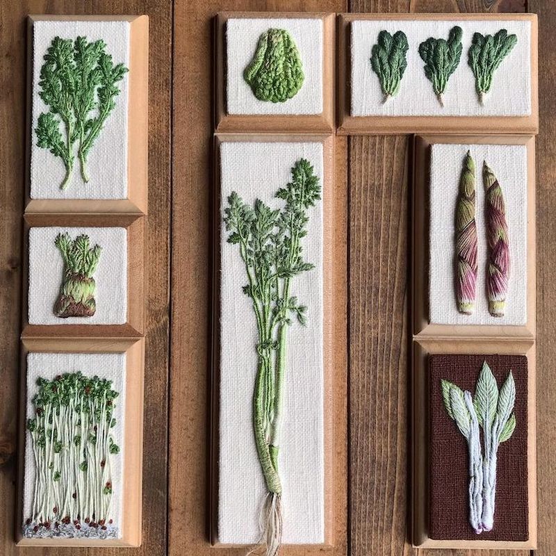 Embroidered vegetable art by Konekono Kitsune