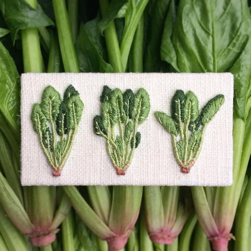 Embroidered vegetable art by Konekono Kitsune