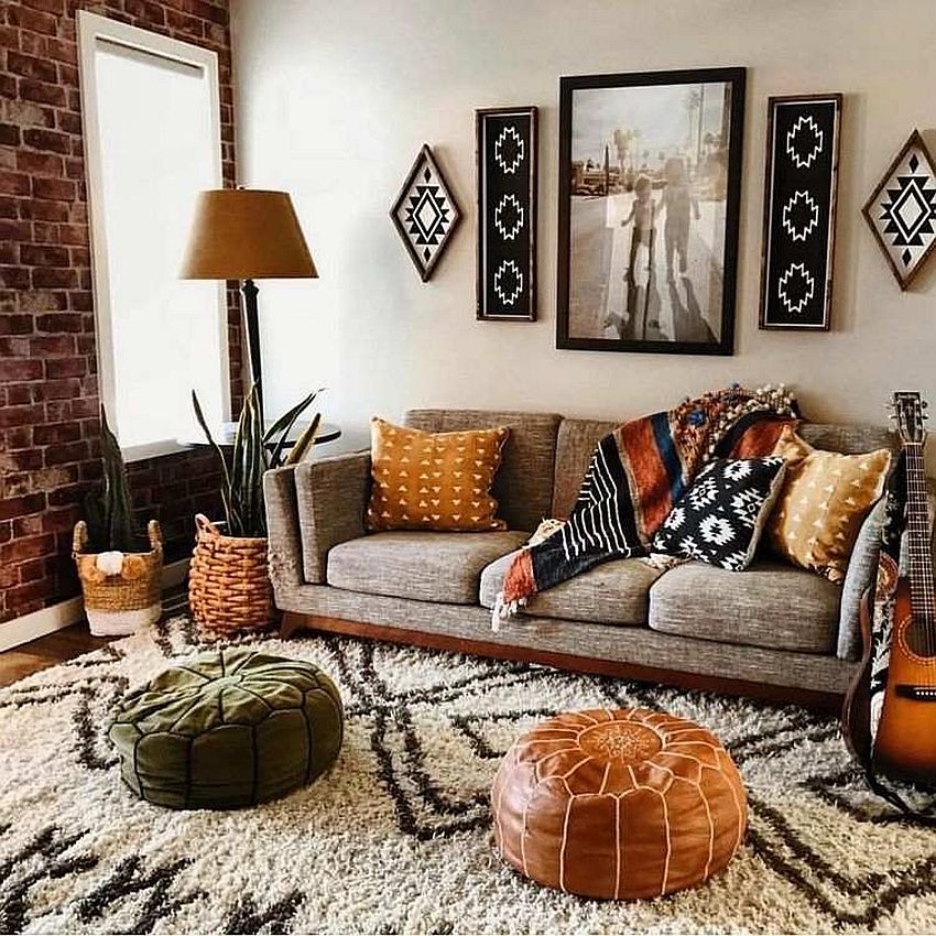 Exquisite blend of styles and textures in the boho living space